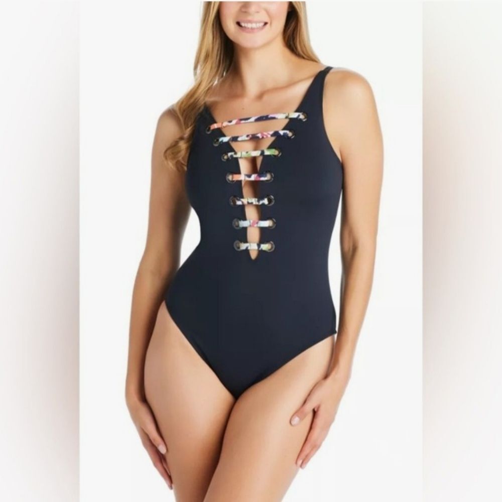 NWT Bleu Rod Beattie Lace Up One Piece Swimsuit Size 10